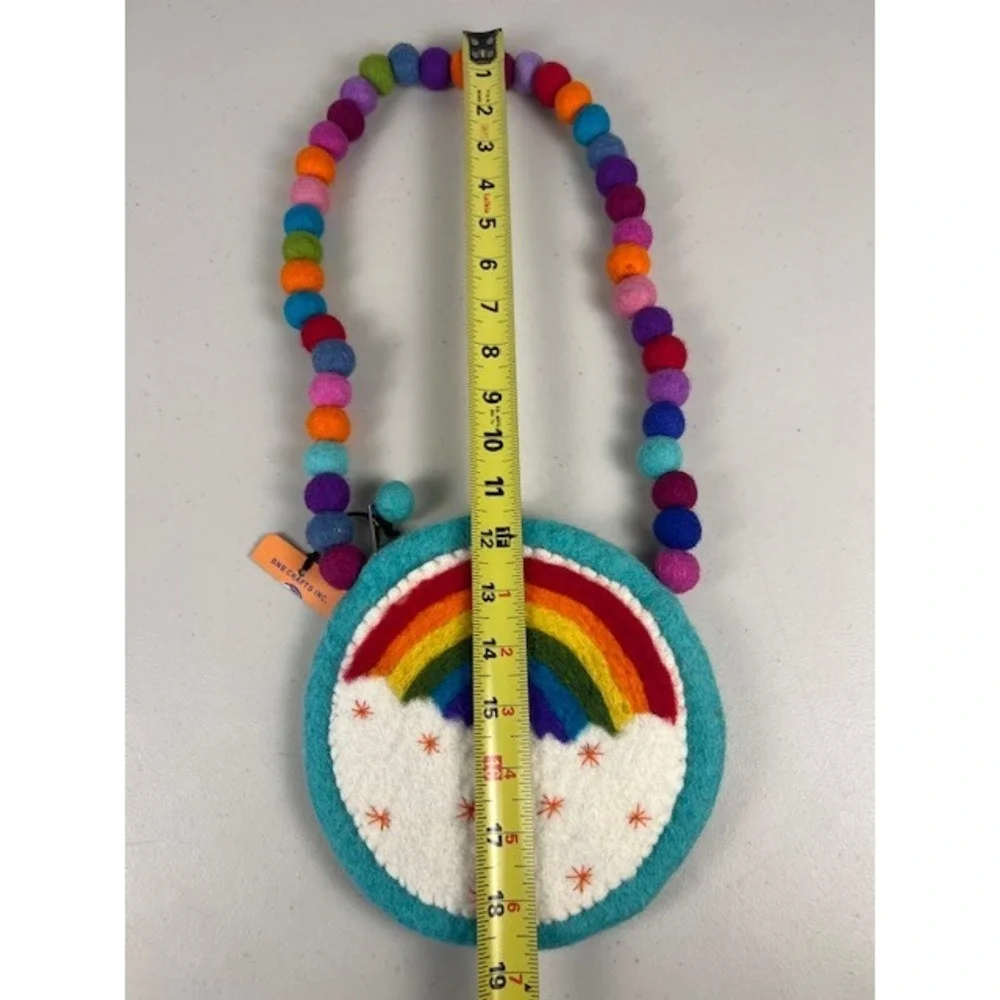 BNB Crafts Inc Rainbow Felt Wool Crossbody Bag Handmade Nepal Pom Pom Strap NEW